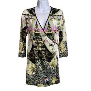 Anthropologie Eva Varro Women's Art Deco Floral Print Faux Wrap Tunic Top Size M